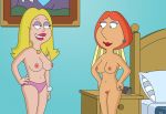 american_dad bedroom big_lips blonde_hair breasts crossover ear_piercing eyeshadow family_guy francine_smith hand_on_hip lois_griffin looking_at_each_other milf necklace no_panties nude orange_hair panties pink_panties pubic_hair pussy red_lipstick standing teeth wristband