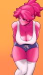  1girl adventure_time bent_over bubblegum cleavage hand_behind_back high_socks huge_breasts looking_away nipple_bulge pink_eyes pink_hair princess_bubblegum sexy short_shorts socks t-shirt 