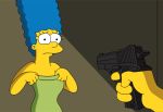 animated blue_hair breasts breathing cleavage dark_nipples dress_down gif green_dress gunpoint marge_simpson milf nipples no_bra no_panties scared sexy standing the_simpsons toon undressing yellow_skin