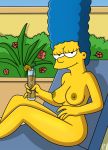 ass blue_hair blue_pubic_hair breasts chair dark_nipples drinking_glass ears eyelashes eyes_half_open ice legs_together looking_at_viewer lounge_chair marge_simpson milf nipples nude outside pool pussy shadow the_simpsons wine yellow_skin