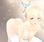  1girl :p ass bare_shoulders bent_over big_breasts blonde blue_eyes boku_wa_tomodachi_ga_sukunai breasts butterfly_hair_ornament cait clavicle hair_ornament high_resolution kashiwazaki_sena looking_at_viewer nipples nude ponytail sidelocks tied_hair tongue tongue_out very_high_resolution 