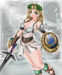  1041_(toshikazu) 1girl alluring blonde_hair blue_eyes breasts cleavage gladiator_sandals long_hair looking_at_viewer milf panties project_soul sandals see-through shield silf sophitia_alexandra soul_calibur soul_calibur_ii soul_calibur_iii soul_calibur_vi soulcalibur soulcalibur_ii soulcalibur_iii standing sword underwear weapon 