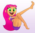  1girl alien alien_girl alien_humanoid barefoot bottomless cartoon_network crossed_legs dc feet female green_eyes grin koriand&#039;r long_hair long_hair_female looking_at_viewer mannysdirt miniskirt no_panties no_shoes no_underwear one_leg_up open_mouth orange_skin pink_hair pussy shaved_pussy shirt skirt small_skirt smile smiling_at_viewer solo solo_female solo_focus starfire superhero superheroine tagme teen_titans teen_titans_go 