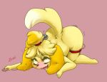 1girl 1girl animal_crossing anthro ass bell blonde_hair blush controller drooling eye_roll fucked_silly full_body furry hair isabelle_(animal_crossing) masturbation nintendo nude open_mouth pink_background remote_control saliva sex_toy shaking short_hair short_stack signature simple_background smile tears teeth text tongue trembling vibrator video_games zraxi