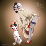  101_dalmatians bent_over breasts cigarette_holder clothed clothes_lift cruella_de_vil disney dog gloves high_heels pongo stockings tarusov_(artist) two-tone_hair 