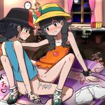  1boy 1girl arm_support bed bedroom black_hair blush bottomless embarrassed furanshisu hat moon_(pokemon) moon_(trainer) pokemon pokemon_sm pokemon_usum sex spread_legs sun_(pokemon) sun_(trainer) sweatdrop sweating trembling vaginal vaginal_penetration z_crystal z_ring 