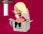 1girl airplane ass blonde_hair boots breasts cleavage_cutout gif gif no_panties pink_lipstick printer purple_eyeshadow sitting skirt