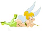  blonde_hair blue_eyes bra disney green_panties green_stockings legs looking_at_viewer panties partially_clothed stockings tinker_bell wings 