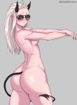 1girl artist_name ass blush breasts demon_tail devil_tail female_focus female_only helltaker horns justice_(helltaker) long_hair nude shadertoons smile solo_female sunglasses tagme tail tinted_eyewear white_hair