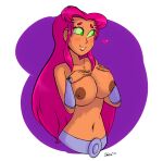 1girl alien alien_girl alien_humanoid belt big_breasts bracelet breasts cartoon_network dc_comics exposed_breasts female female_only green_eyes grin hand_on_breast hand_on_own_chest happy heart huge_breasts koriand'r long_hair long_hair_female looking_away nipples no_bra no_shirt orange_skin pink_skin red_hair simple_background smile solo_female solo_focus starfire stewsspicyblog superhero superheroine tamaranean teen_titans teen_titans_go topless