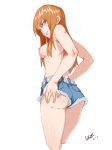  1girl ass blue_hair breasts cutoffs daisy_dukes denim denim_shorts ear_piercing high_resolution lolik long_hair looking_at_viewer looking_back medium_breasts nipples orange_hair original piercing short_shorts shorts sideboob topless white_background 