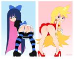 1girl 2020 artist_name ass blonde_hair boots bow dress earrings eyelashes eyeshadow female_focus female_only hair high_heels holding_panties long_hair looking_at_another makeup panties panty_&_stocking_with_garterbelt panty_(psg) panty_anarchy presenting presenting_hindquarters presenting_pussy pussy satean sister sisters socks stocking_(psg) stocking_anarchy stockings textless upskirt