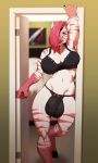 1girl anthro bra breasts clothing equine furry futanari hair hair_over_eye inside lingerie looking_at_viewer makeup mammal panties penis_shaped_bulge pink_hair smile standing tatsumichi thick_thighs underwear wide_hips zebra