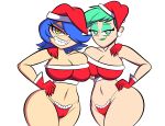  2_girls ass big_breasts blue_hair breasts christmas christmas_outfit codykins123 front_view gerph green_hair grin huge_breasts mint mint_(skarp_world) mistletoe multiple_girls pointy_teeth santa_costume sharp_teeth skarpne smile 