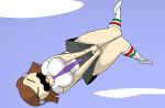 1girl 1girl bbw breasts brown_hair chubby closed_eyes flying human ninja short_hair skirt skirt_tug