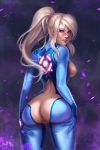 anal_access ass_focus blonde_hair breasts_out_of_clothes easy_access exposed_anus exposed_ass exposed_pussy female_only high_resolution innie_pussy large_filesize looking_at_viewer looking_back metroid purple_eyes samus_aran smile uncensored