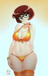 bikini bra breasts cleavage front-tie_bikini front-tie_top glasses orange_bikini panties scooby-doo stockings thighs velma_dinkley