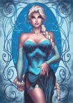 1girl 2014 biting_lip blonde blonde_hair blue_eyes braid braided_hair breasts cleavage clothed disney dress dress_lift dress_lifted_by_self elsa elsa_(frozen) female female_only frozen_(movie) garter lip_biting long_blonde_hair long_braid long_hair looking_at_viewer single_braid solo thigh_band