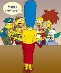  1girl 8boys barney_gumble chief_wiggum female flash flashing groundskeeper_willie group happy_new_year homer_simpson krusty_the_clown male marge_simpson seymour_skinner shocked sideshow_bob surprised text the_simpsons waylon_smithers yellow_skin 