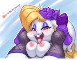 1girl anthro areola big_breasts blonde_hair blush breasts broodals buckteeth clothed clothing eyebrows eyelashes fur furry hair hariet_(mario) hat lagomorph long_hair looking_at_viewer makeup mammal nintendo nipples open_mouth rabbit red_eyes saliva simple_background super_mario_bros. super_mario_odyssey teeth thefuckingdevil video_games