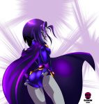 1_girl 1girl ass cape clothed dc dc_comics female female_only forehead_jewel grey_skin half_demon leotard leotard_pull looking_back purple_hair raven_(dc) short_hair solo standing superheroine teen_titans wedgie