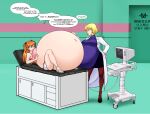  2_girls annoyed asuka_langley_souryuu big_breasts blonde_hair blue_eyes brown_hair green_eyes hyper_pregnancy neon_genesis_evangelion pregnant pregnant_belly pregnant_female ritsuko_akagi saburox 