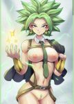 1girl areola areolae blush breasts clitoris dragon_ball_super energy_ball female female_focus female_only green_eyes green_hair green_tie jammeryx kefla looking_at_viewer potara potara_earrings potara_fusion pubic_hair pussy shiny shiny_hair shiny_skin shounen_jump smile smiling_at_viewer solo solo_focus spiky_hair super_saiyan tagme