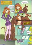 1boy 1girl ass clothed comic daphne_blake dog dress female_human hairband jkrcomix male_dog red_hair redhead scarf scooby scooby-doo van