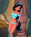  1girl aladdin_(series) alluring black_hair brown_eyes disney legs missally panties pants_down princess_jasmine teasing top 