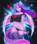 1girl 2018 absurd_res anthro anthrofied clothed clothing equine feathered_wings feathers friendship_is_magic furry hair heart highres horn koveliana legwear long_hair looking_at_viewer mammal multicolored_hair multicolored_tail my_little_pony navel panties patreon purple_eyes purple_feathers shirt smile twilight_sparkle_(mlp) underwear web_address winged_unicorn wings