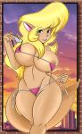 1girl 2018 anthro areola big_breasts bikini blonde_hair blush breasts callie_briggs cat cat_girl clothing eyewear feline female_only furry glasses hair high_res looking_at_viewer mammal navel nipples smile sonson-sensei striptease swat_kats swimsuit undressing