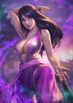 1girl alluring arm_up big_breasts black_hair breasts clothing dress female_abs female_only human kimono li_mei lipstick long_hair midway midway_games mortal_kombat mortal_kombat_armageddon mortal_kombat_deadly_alliance mortal_kombat_deception pink_lips pink_lipstick pinup purple_dress purple_kimono purple_sash sash solo_female standing sunkeytail yellow_eyes