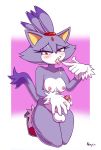 1girl anthro blaze_the_cat blush breasts clothing cum cum_on_hand cum_on_penis cum_on_tongue cum_string erection fangs feline female female_only footwear fur furry futanari gloves hairband high_heels kneel lavender_fur mammal neayix nipples penis pointing purple_fur sega shoes sonic_(series) testicles tongue tongue_out white_belly