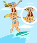  2_girls bandanna beach big_breasts bikini blonde_hair blue_bikini blue_eyes blue_swimsuit breasts breasts_on_head bridgette_(tdi) carrying cartoon_network curves hourglass_figure huge_breasts kerchief large_breasts light-skinned_female lindsay_(tdi) long_blonde_hair long_hair looking_at_another looking_at_each_other looking_down looking_up multiple_girls navel one_eye_closed pyramid_(artist) red_bikini red_swimsuit striped_hair surfboard surfing swimsuit thick_ass thick_legs thick_thighs total_drama_island two_tone_hair underboob wasp_waist 