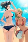  2girls absurdres aqua_eyes ass back backlighting ball bare_shoulders beach beach_ball beachball beauty_(pokemon) bikini black_hair blonde_hair blue_bikini blue_sky breasts cloud collarbone cowboy_shot day expressionless eyelashes eyewear_on_head from_behind hair_bun hand_on_hip highres horizon kurorekishiman lens_flare lipstick looking_at_viewer looking_back makeup medium_breasts multiple_girls navel ocean open_mouth parted_lips pokemon pokemon_(game) pokemon_xy rainbow red_bikini red_lips red_lipstick sideboob sidelocks sky smile stomach string_bikini sunglasses sunlight swimmer_(pokemon) swimsuit tan thighs viewed_from_behind water yellow_eyes 