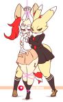 1girl 2017 anthro arms_above_head assisted_exposure bdsm black_sclera blue_eyes blush bondage bound bra braixen cheek_tuft clothing crossover digimon diives duo female/female footwear furry gif inner_ear_fluff legwear neck_tie neck_tuft nintendo open_mouth panties pokémon pokémon_(species) red_eyes renamon school shirt shoes skirt_down socks standing tuft underwear video_games