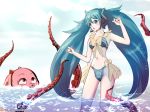 1girl 1girl beach bikini blush breasts eldibi green_eyes green_hair hair_ornament long_hair swimsuit tentacle twin_tails