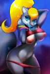  1girl 2017 alluring anthro berri blonde_hair blue_eyes bracelet breasts clothed clothing clothing_lift conker&#039;s_bad_fur_day furry hair inuki jewelry long_hair mammal nintendo nipples panties pink_nose ponytail pussy rareware rodent shirt shirt_lift smile squirrel underwear video_games 