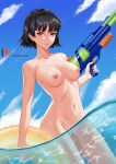  1girl 1girl breasts brown_hair chungmechanic completely_nude high_resolution inner_boob innertube looking_at_viewer medium_breasts navel niijima_makoto nipples nude partially_submerged persona persona_5 pubic_hair pussy red_eyes short_hair sideboob sky smile under_boob water water_gun 