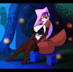 1girl 2018 anthro breasts canine clothing detailed_background disney dracojeff fireflies firefly forest fox fur furry half-closed_eyes headdress legwear lingerie looking_away maid_marian mammal orange_fur plant robin_hood_(disney) seductive sitting smile sparkles stockings stone tree voluptuous white_fur wide_hips