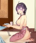  1girl :o ahoge alternate_costume apron bangs bare_legs barefoot beifeng_han big_breasts black_hair blush carpet collarbone cup earrings food from_side full_body gingham hairband high_res holding holding_tray indoors jewelry looking_at_viewer miyaura_sanshio naked_apron on_floor original purple_eyes purple_hair rug seiza sideboob sitting soles stud_earrings thighs toast tray wavy_hair wooden_floor 