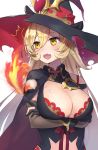 1girl arms_under_breasts bangs black_dress black_gloves blonde_hair blush breast_hold breasts brown_eyes cape cleavage cleavage_cutout crossed_arms detached_sleeves fang fire flying_sweatdrops gloves hair_between_eyes hat large_breasts long_hair nijisanji nui_sociere open_mouth parted_lips partly_fingerless_gloves red_bra simple_background sweat torn_clothes upper_body virtual_youtuber white_background witch_hat yellow_eyes