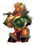  axe barbarian blonde_hair blue_eyes breasts fur huge_breasts leather stockings victor_rinaldi 