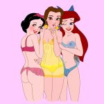 3_females 3_girls ass beauty_and_the_beast black_hair breasts brown_hair disney looking_at_viewer multiple_girls princess_ariel princess_belle princess_snow_white red_hair see-through snow_white_and_the_seven_dwarfs the_little_mermaid underwear