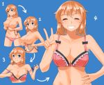  1girl ^_^ archway_of_venus areola areola_slip big_breasts black_bow blue_background blue_eyes blush bow bow_bra bra breasts brown_hair charlotte_e_yeager clavicle dressing frilled_bra frills groin hand_on_hip high_resolution hiroshi_(hunter-of-kct) looking_at_viewer multiple_views navel nipples panties pink_bra pink_panties simple_background smile strike_witches topless underwear v world_witches_series 