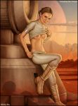 1girl attack_of_the_clones boots breasts clone_wars exposed_breasts female female_only looking_at_viewer nipples no_bra outdoor outside padme_amidala pants partially_clothed shabby_blue solo star_wars