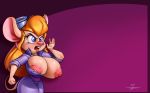 1girl 2016 angry anthro big_breasts blonde_hair blue_eyes breasts buckteeth chip_'n_dale_rescue_rangers clothing collaboration disney erect_nipples eyelashes eyewear eyewear_on_head furry gadget_hackwrench goggles hair huge_breasts joelasko long_hair mammal mouse nipple_slip nipples one_breast_out open_mouth purple_background rodent simple_background teeth wallpaper wardrobe_malfunction white-devil_(artist)