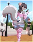 1boy 2018 anthro arm_warmers armwear ass big_ass biped black_bottomwear black_clothing black_topwear blue_bottomwear blue_clothing blurry_background blush brown_eyes brown_hair clothed clothing crossdressing digital_drawing_(artwork) digital_media_(artwork) elias_larrañaga fur furry girly grey_fur group hair legwear looking_at_viewer looking_back male male_only mammal markings outside panties pattern_clothing phone pink_topwear public re-sublimity-kun red_clothing red_topwear shirt shorts skunk smile socks solo_focus standing stockings striped_armwear striped_clothing striped_legwear stripes t-shirt thick_thighs thigh_socks thong tongue underwear white_fur