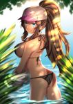 alluring alternate_breast_size ass_crack baseball_cap beach big_breasts bikini black_bikini butt_crack from_behind hilda looking_at_viewer looking_back outside pokemon pokemon_(game) pokemon_bw sideboob smile swimsuit takecha touko_(pokemon) undressing wading