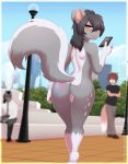 1boy 2018 anthro ass big_ass biped blurry_background blush brown_eyes brown_hair cellphone digital_media_(artwork) elias_larrañaga exhibitionism fur furry girly grey_fur group hair looking_at_viewer looking_back male mammal markings nude outside public re-sublimity-kun skunk smile solo_focus standing white_fur